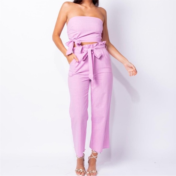 Pink Bow Linen Crop Top and Pants Co-Ord Set - Picture 1 of 5